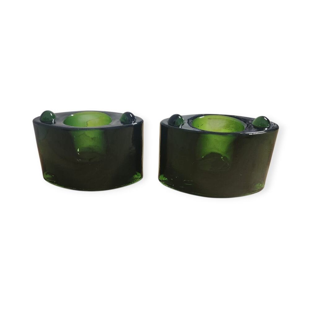 Pair of 2 Vintage MCM Green Cats Eye Glass Single Votive Candle Holders